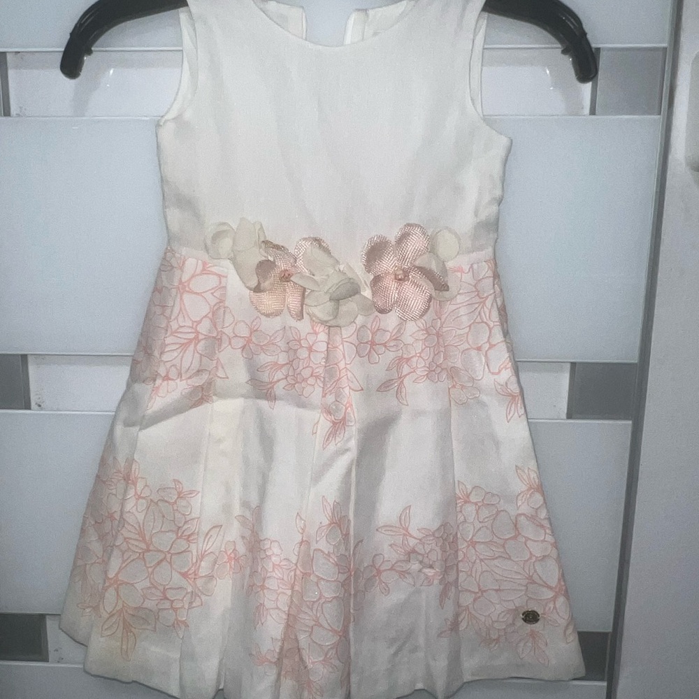Pili Carrera Charming Kids Formal Dress - White and Pink Floral Accents